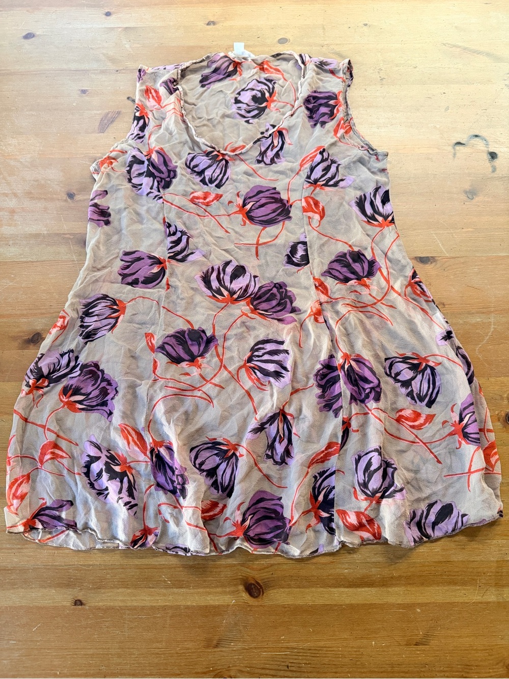 Beach by Dana Floral Sheer Swim Coverup in Taupe with Purple & Coral Accents